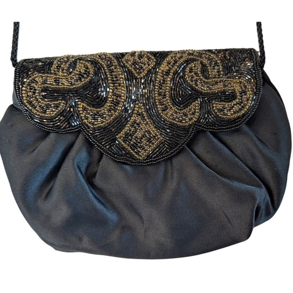 Vintage La Regale Black Gold Beaded Satin Evening Bag Clutch Purse